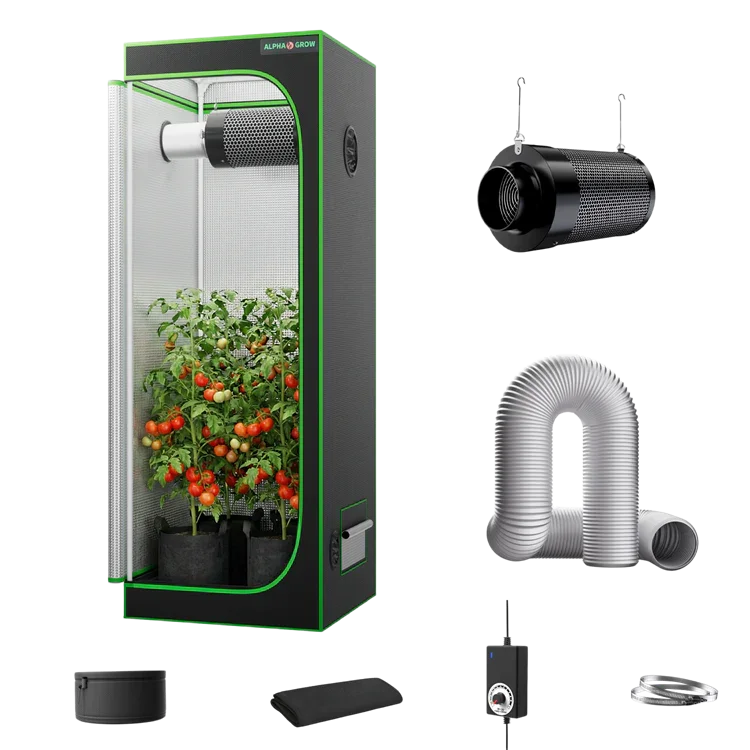 MIMEO indoor grow tent with LED light, inline fan, carbon filter, and turnkey hydroponics kit for stealth gardening