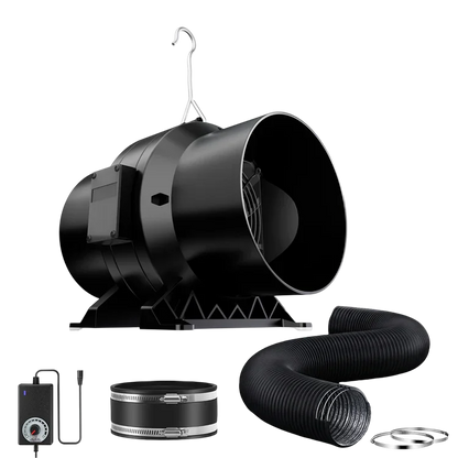 MIMEO inline fan with carbon filter, ducting, and controller for stealth indoor hydroponics grow tents