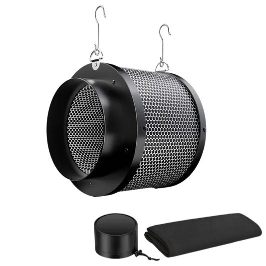 MIMEO carbon filter for indoor hydroponics with hanging hooks, ideal for stealth grow tents and ventilation systems