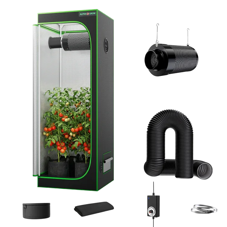 MIMEO indoor grow tent with LED light, carbon filter, and inline fan for hydroponic stealth growing