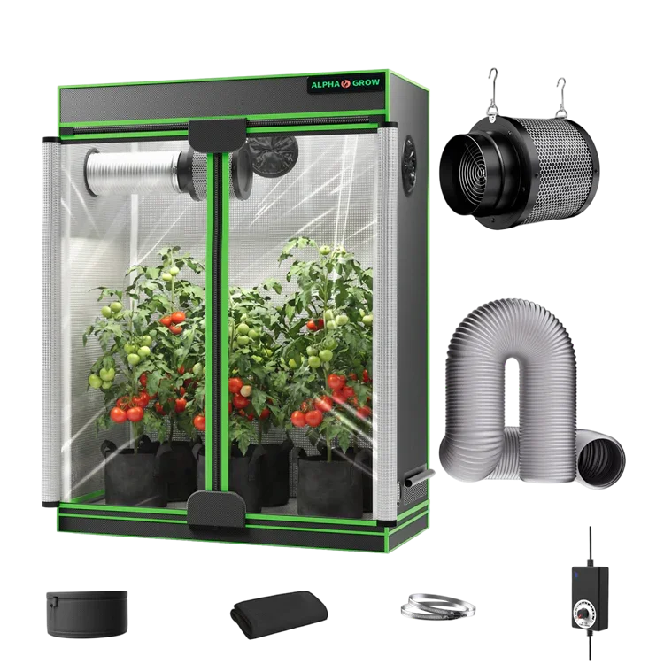 MIMEO indoor grow tent with LED lights, inline fan, carbon filter, and hydroponic setup for stealth growing