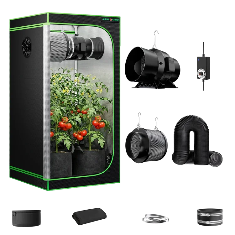 MIMEO indoor grow tent with LED grow light, inline fan, carbon filter, and turnkey hydroponics kit for stealth gardening
