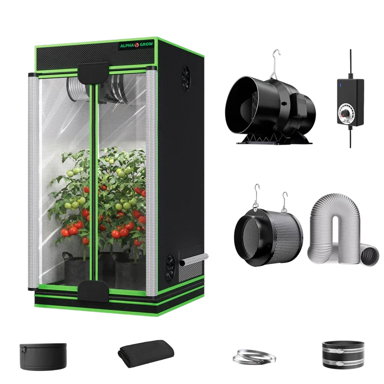 MIMEO indoor grow tent with LED grow light, inline fan, carbon filter, and turnkey hydroponics kit for stealth gardening