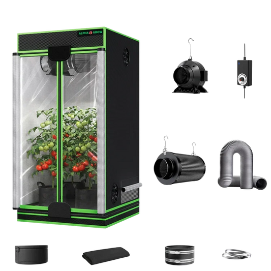 MIMEO indoor grow tent kit with LED grow light, inline fan, carbon filter, and stealth hydroponics setup for turnkey gardening
