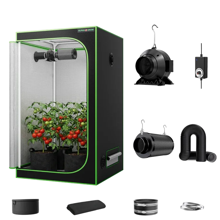 MIMEO indoor grow tent with LED grow light, inline fan, carbon filter, and turnkey hydroponics kit for stealth gardening