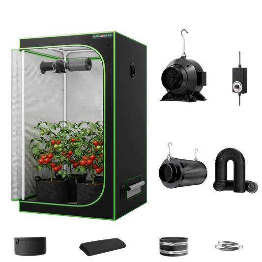 MIMEO indoor grow tent with LED grow light, inline fan, carbon filter, and turnkey hydroponics kit for stealth gardening