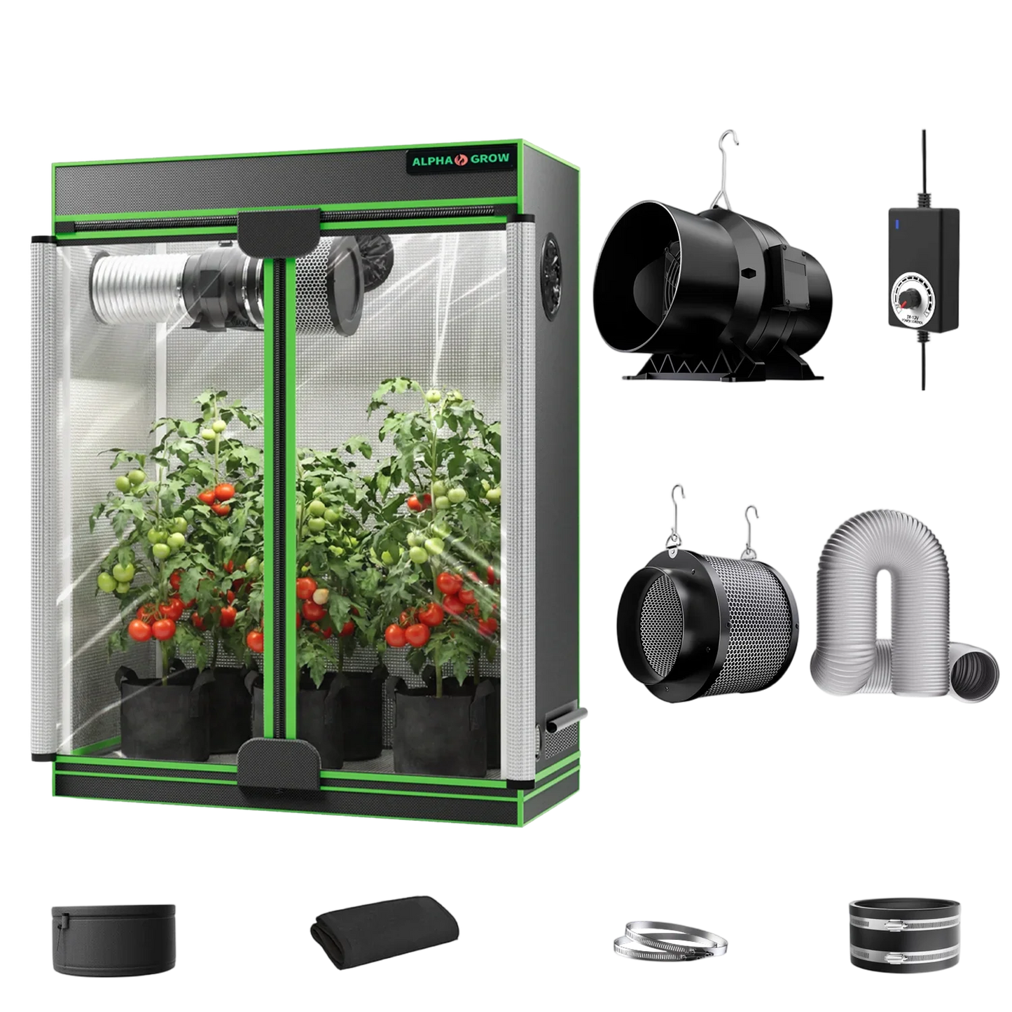 MIMEO indoor grow tent kit with LED light, inline fan, carbon filter, and hydroponic setup for stealth gardening