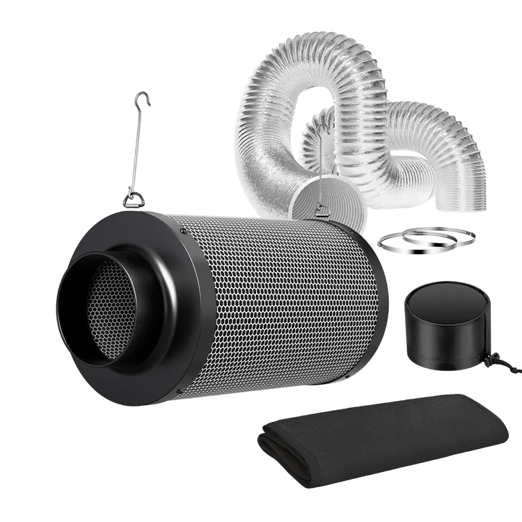 MIMEO carbon filter with ducting, inline fan, and stealth grow accessories for indoor hydroponics