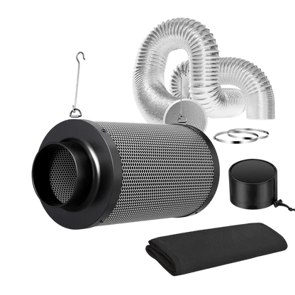 MIMEO carbon filter with ducting, inline fan, and stealth grow accessories for indoor hydroponics