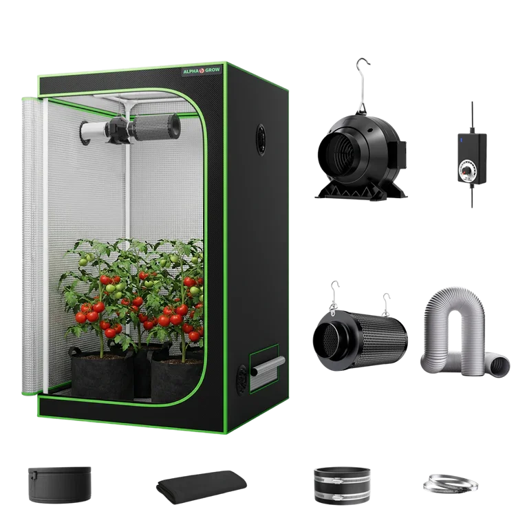 MIMEO indoor grow tent with LED light, inline fan, carbon filter, and turnkey hydroponics kit for stealth plant cultivation