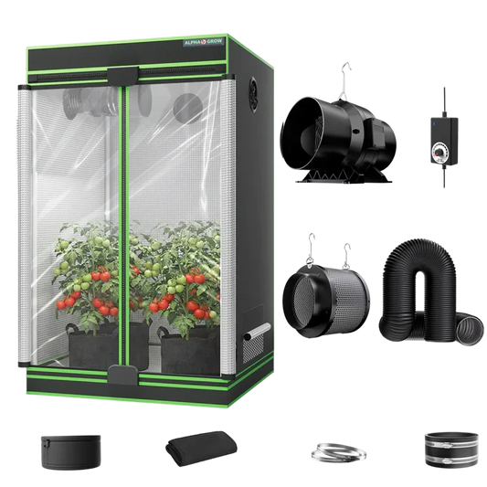 MIMEO indoor grow tent with LED light, inline fan, carbon filter, and hydroponics setup for stealth growing
