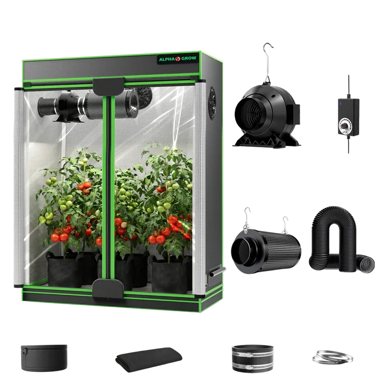 MIMEO indoor grow tent kit with LED lights, inline fan, carbon filter, and hydroponic setup for stealth growing