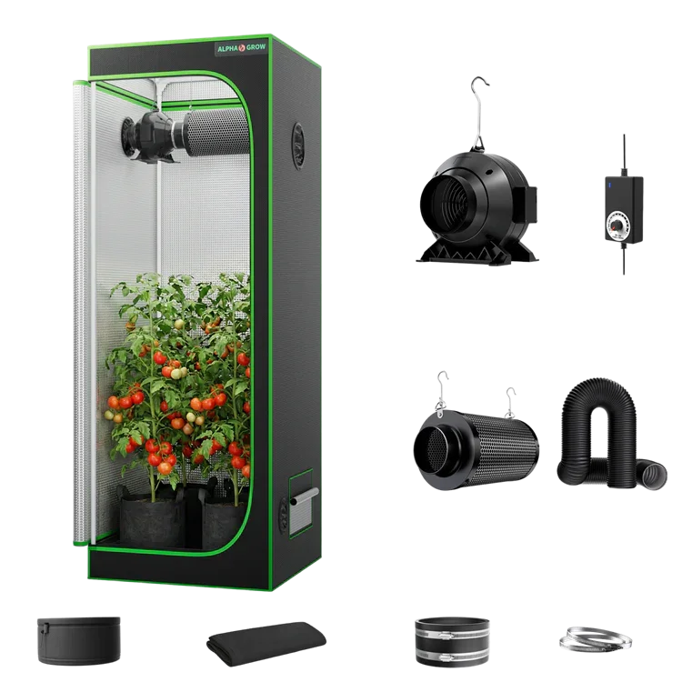 MIMEO indoor grow tent with LED light, inline fan, carbon filter & turnkey hydroponics kit for stealth gardening