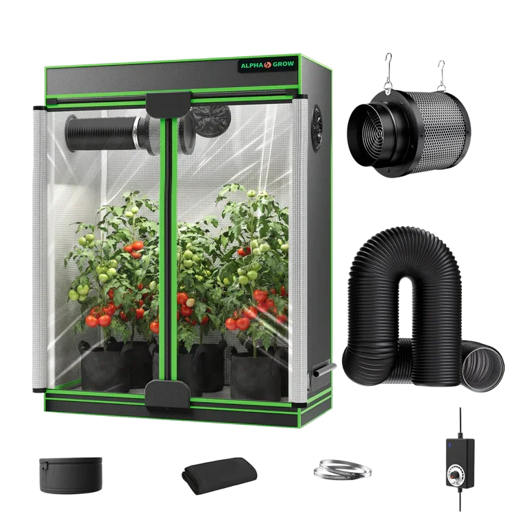 MIMEO indoor grow tent kit with LED grow light, inline fan, carbon filter, and hydroponic stealth growing setup
