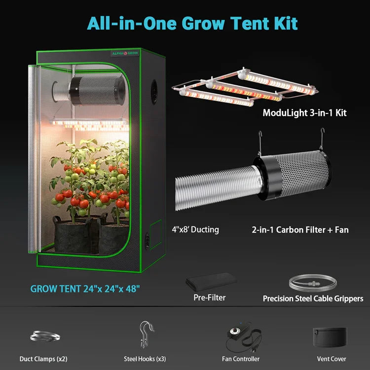 MIMEO All-in-One Grow Tent Kit with LED Light, Carbon Filter & Fan for Indoor Hydroponics