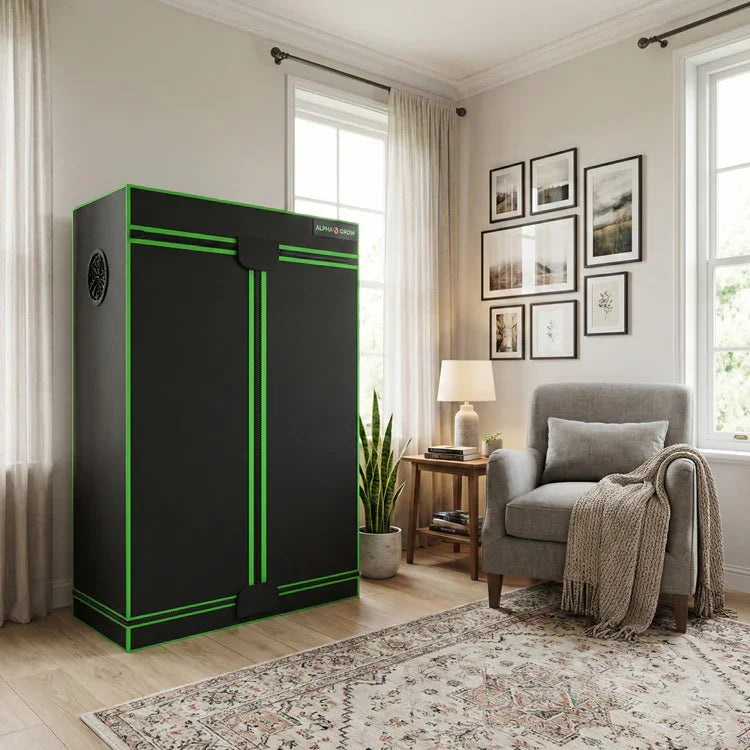MIMEO stealth grow tent with LED grow light setup for indoor hydroponics in living room