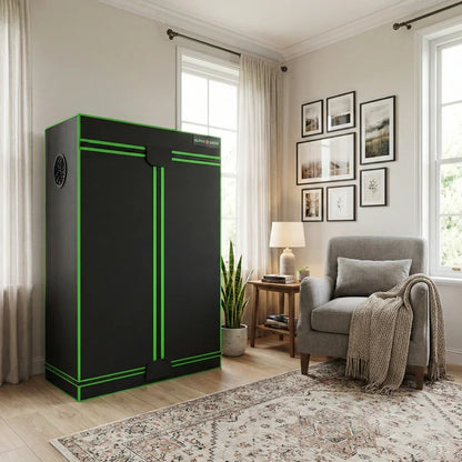 MIMEO stealth grow tent with LED grow light setup for indoor hydroponics in living room