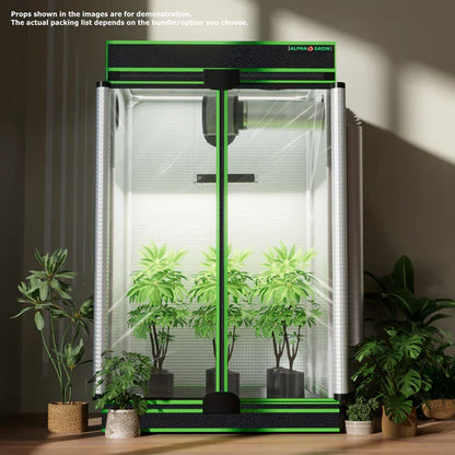 MIMEO indoor grow tent with LED lights and plants, ideal for hydroponics and stealth growing setups