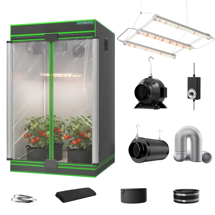 MIMEO indoor grow tent kit with LED lights, inline fan, carbon filter, and hydroponic stealth growing equipment