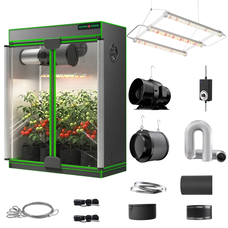 MIMEO indoor grow tent kit with LED light, inline fan, carbon filter, and hydroponic setup for stealth gardening