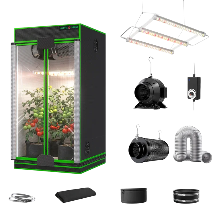 MIMEO indoor hydroponics grow tent kit with LED light, inline fan, carbon filter, and stealth growing equipment