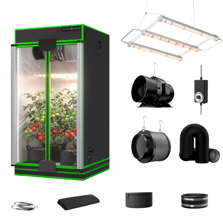 MIMEO indoor grow tent kit with LED light, inline fan, carbon filter, and stealth hydroponics setup for home gardening