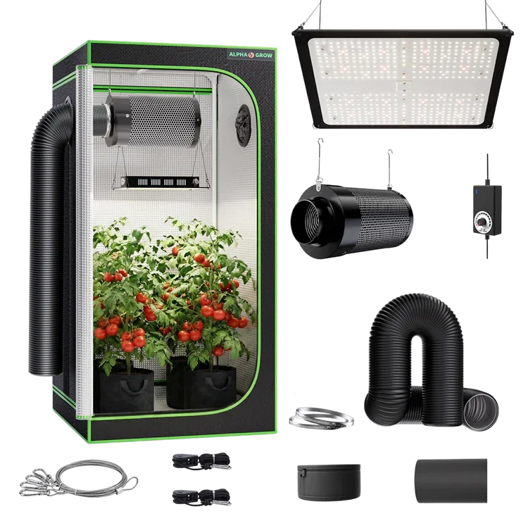 MIMEO indoor grow tent kit with LED light, carbon filter, and inline fan for stealth hydroponics