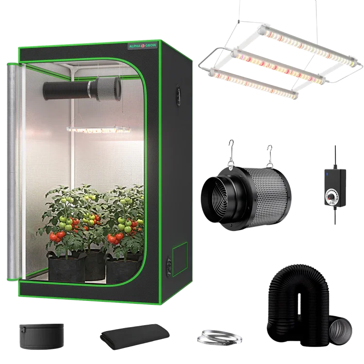 MIMEO indoor grow tent kit with LED light, inline fan, carbon filter, and stealth hydroponics setup for home gardening