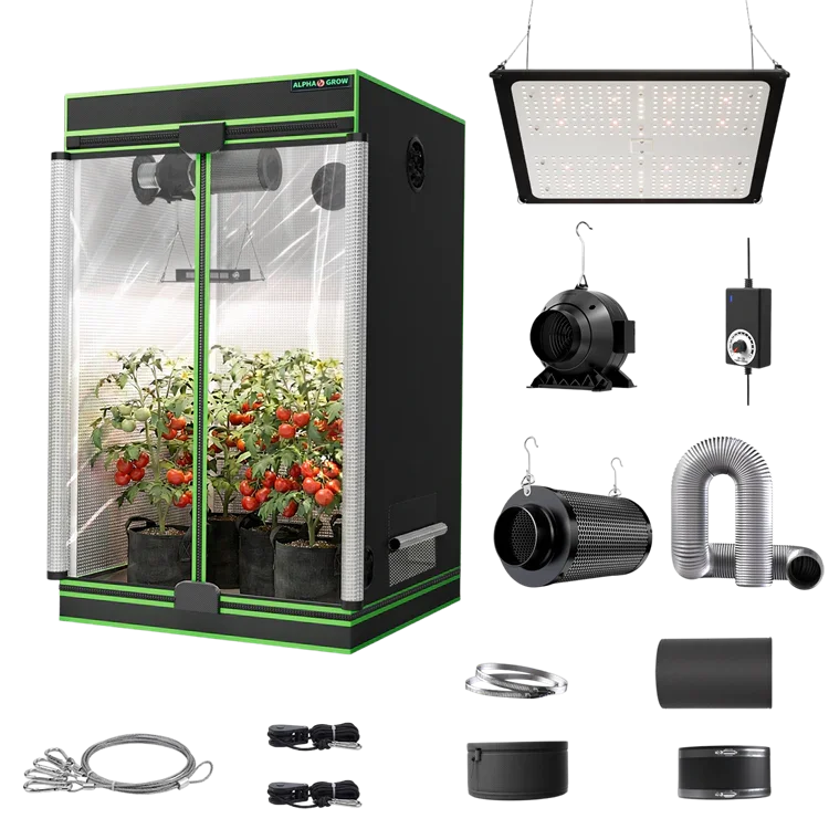 MIMEO indoor grow tent kit with LED light, inline fan, carbon filter, and hydroponic stealth growing equipment