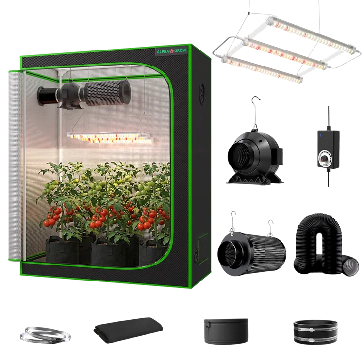 MIMEO indoor grow tent kit with LED light, inline fan, carbon filter, and hydroponic setup for stealth gardening