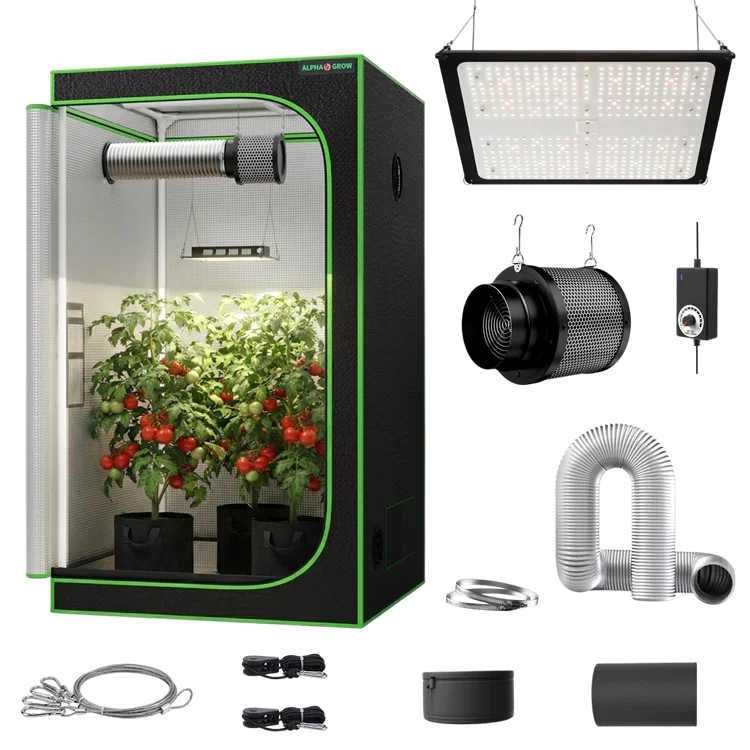 MIMEO indoor hydroponics grow tent kit with LED light, inline fan, carbon filter, and stealth growing equipment