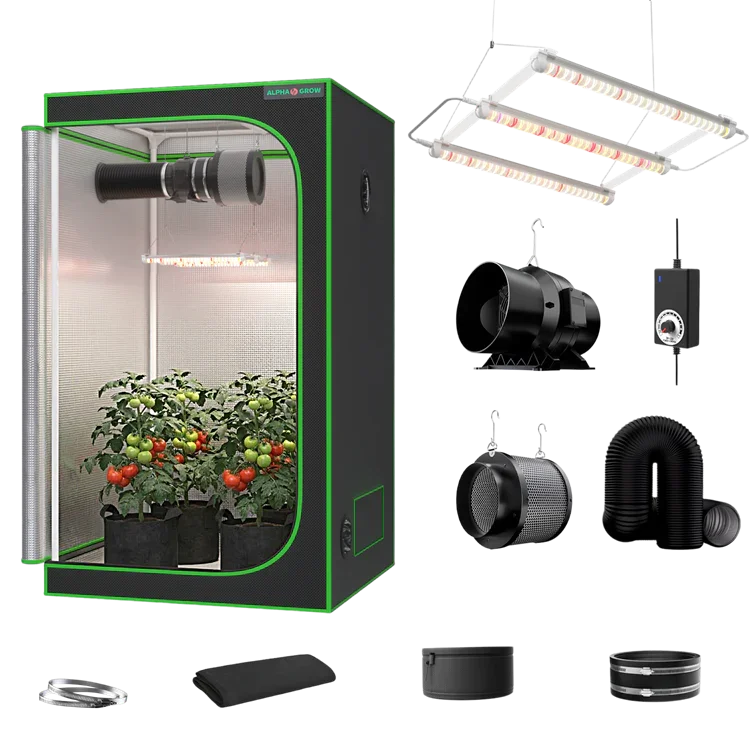 MIMEO indoor grow tent kit with LED light, inline fan, carbon filter, and hydroponic setup for stealth gardening