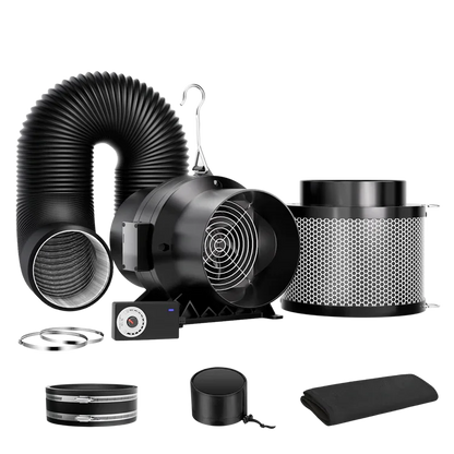 MIMEO hydroponics ventilation kit with inline fan, carbon filter, ducting, and grow tent accessories for stealth indoor gardening
