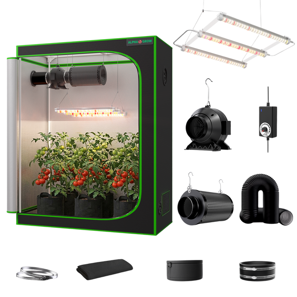 Alpha Grow indoor gardening tent with full-spectrum LED lights, carbon filter, inline fan, ducting, and ventilation kit for home plant setup