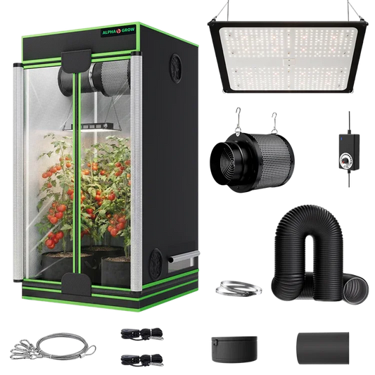 MIMEO indoor grow tent kit with LED light, inline fan, carbon filter, and hydroponics setup for stealth gardening