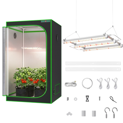MIMEO indoor grow tent with LED grow lights, inline fan, carbon filter, and turnkey kit for hydroponics