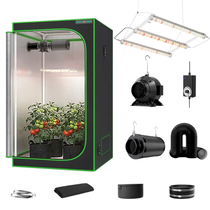 MIMEO indoor grow tent kit with LED light, inline fan, carbon filter, and stealth hydroponics setup for home gardening
