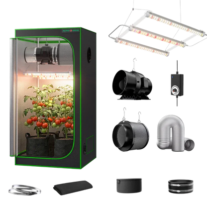 MIMEO indoor grow tent kit with LED grow light, inline fan, carbon filter, and hydroponics setup for stealth growing