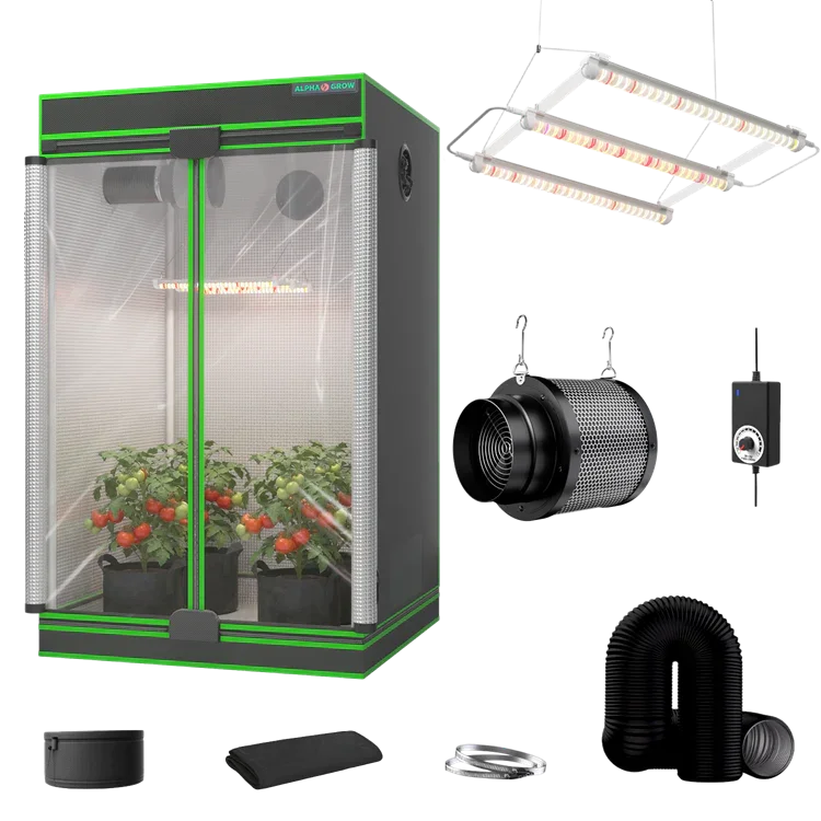 MIMEO indoor grow tent kit with LED grow light, inline fan, carbon filter, and stealth hydroponics setup for home gardening.