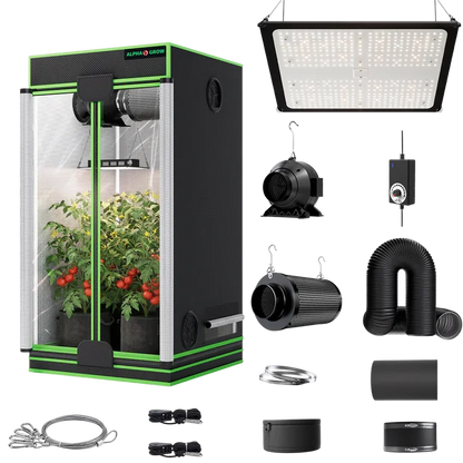 MIMEO indoor grow tent kit with LED light, inline fan, carbon filter, and hydroponic stealth growing equipment