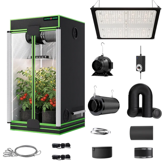 MIMEO indoor grow tent kit with LED light, inline fan, carbon filter, and hydroponic stealth growing equipment