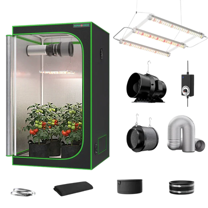 MIMEO indoor grow tent kit with LED light, inline fan, carbon filter, and hydroponics gear for stealth growing