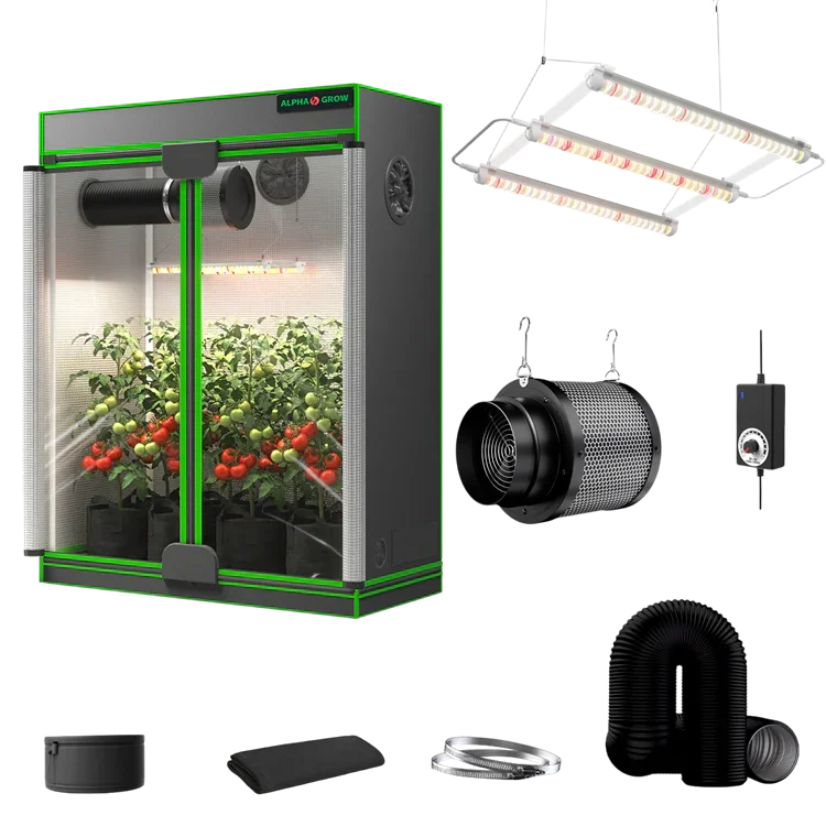 MIMEO indoor grow tent kit with LED light, inline fan, carbon filter, and hydroponic stealth growing gear