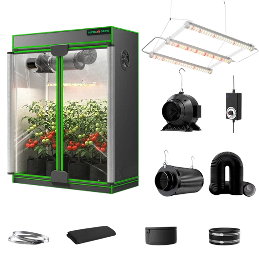 MIMEO indoor grow tent with LED light, inline fan, carbon filter, and turnkey hydroponics kit components