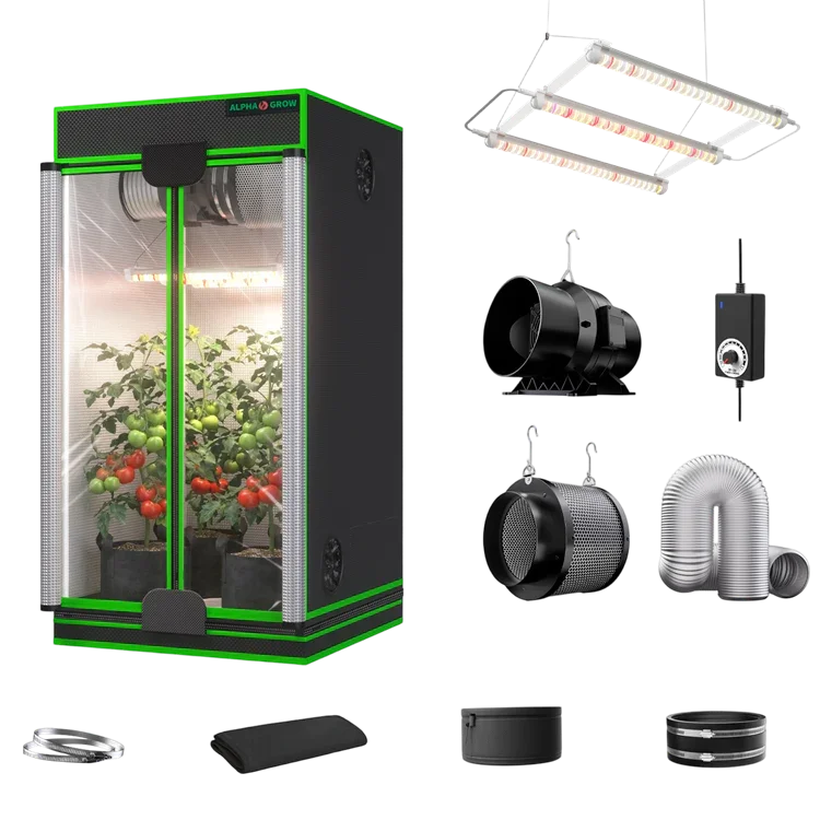 MIMEO indoor hydroponics grow tent kit with LED light, inline fan, carbon filter, and stealth growing equipment