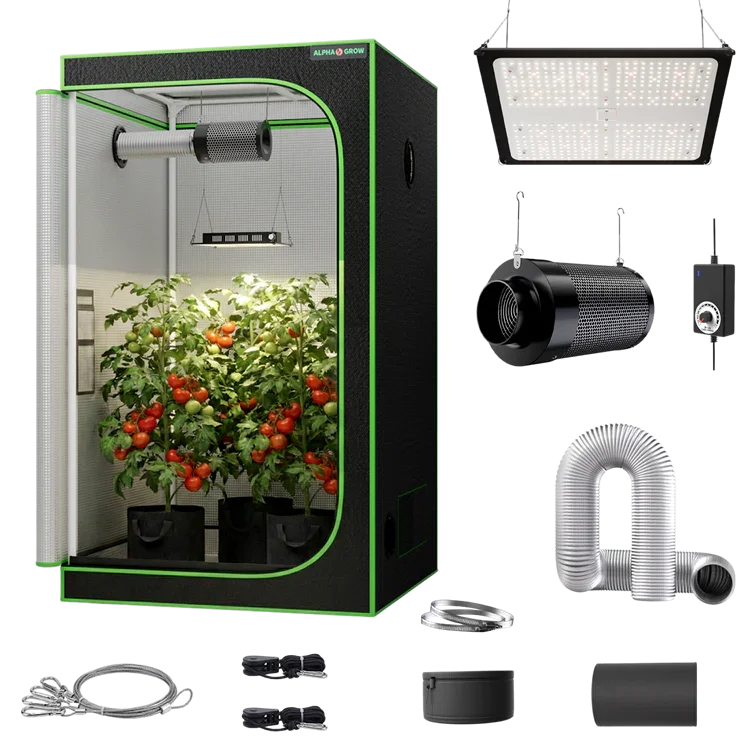 MIMEO indoor hydroponics grow tent kit with LED light, inline fan, carbon filter, and stealth growing equipment for turnkey setup