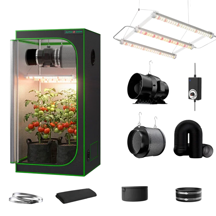 MIMEO indoor grow tent kit with LED light, inline fan, carbon filter, and hydroponics setup for stealth gardening