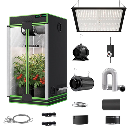 MIMEO indoor grow tent kit with LED light, inline fan, carbon filter, and hydroponics gear for stealth gardening