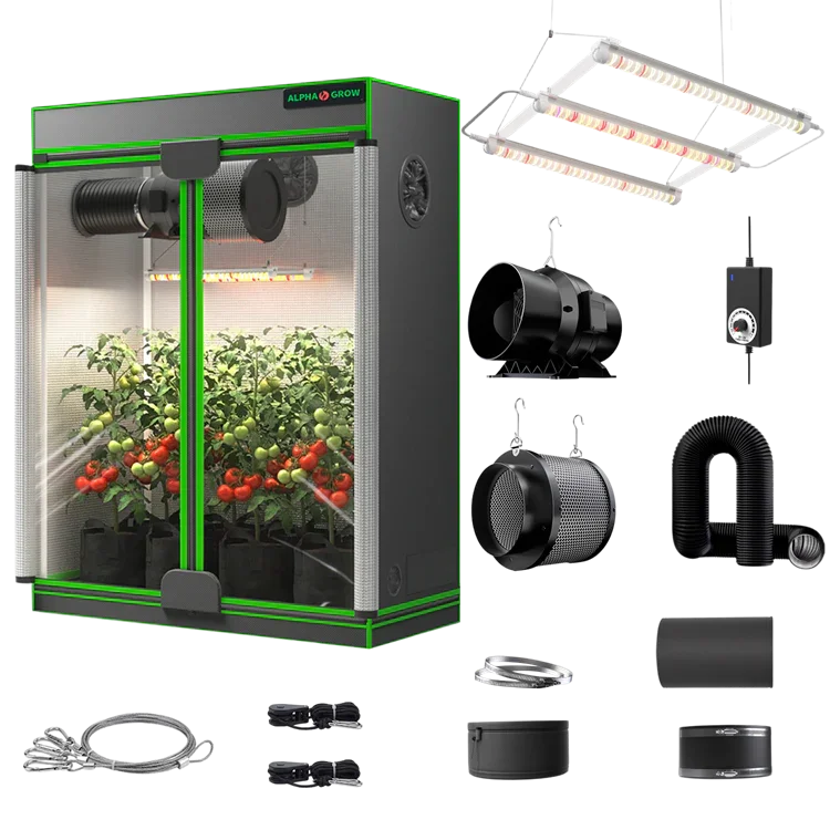 MIMEO indoor grow tent kit with LED lights, inline fan, carbon filter, and hydroponic setup for stealth gardening