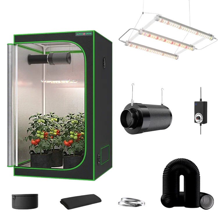 MIMEO indoor grow tent kit with LED light, inline fan, carbon filter, and hydroponics setup for stealth growing